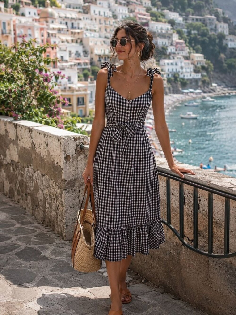 J CREW Gingham Button Front Ruffle Hem Midi Dress Size 6 Preppy Brunch